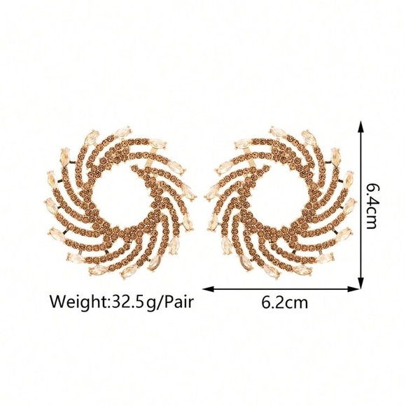 🥂Gold Tone Champagne Colored Crystal Spiral Fan Firework Earrings - Picture 4 of 13